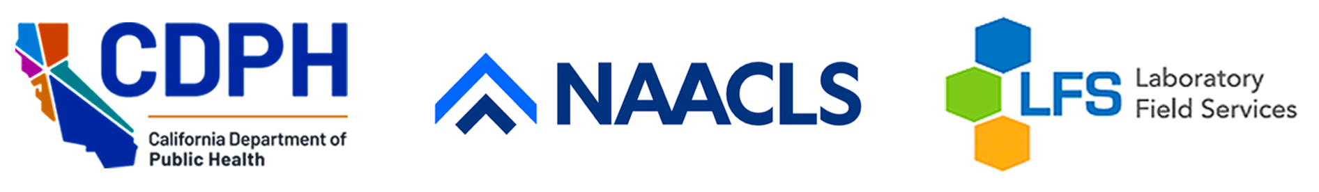 Logos for California Department of Public Health (CDPH) Laboratory Field Services (LFS), National Accrediting Agency for Clinical Laboratory Sciences (NAACLS)