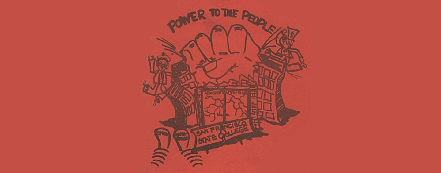 “On strike, shut it down.” 1969 Pamphlet Cover featuring a raised fist
